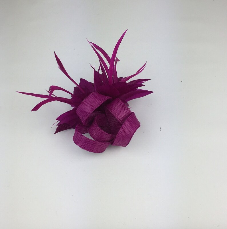 May include: A magenta feather and ribbon flower hair clip.