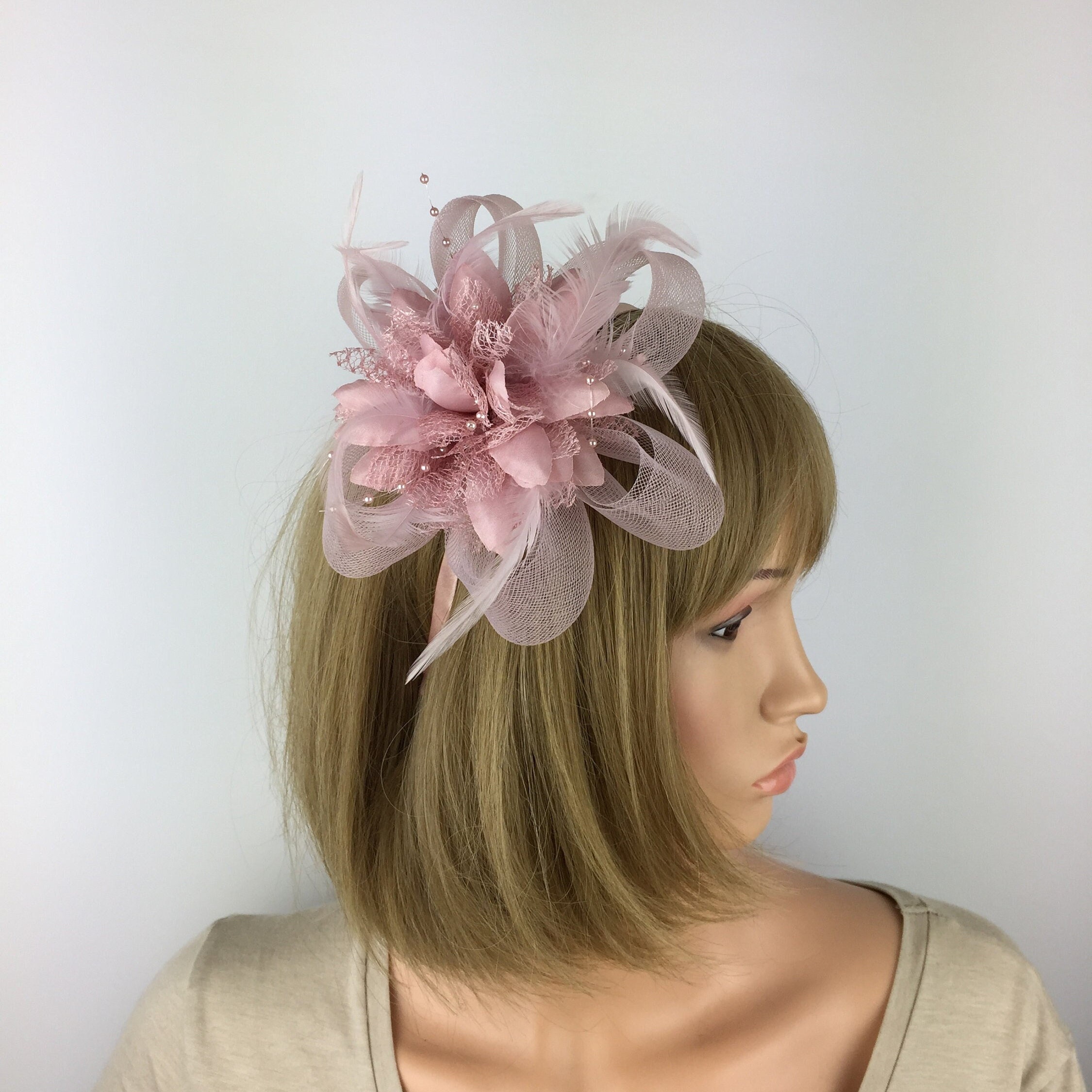 Blush Pink Flower Fascinator: Feather Headband for Wedding  display picture 1