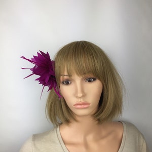 May include: A purple flower hair clip with a single flower and a few feathers. The flower is made of fabric and has a ruffled texture.