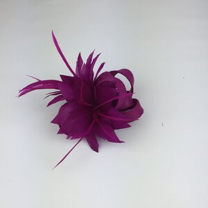 May include: A magenta feather flower hair clip with a magenta ribbon.