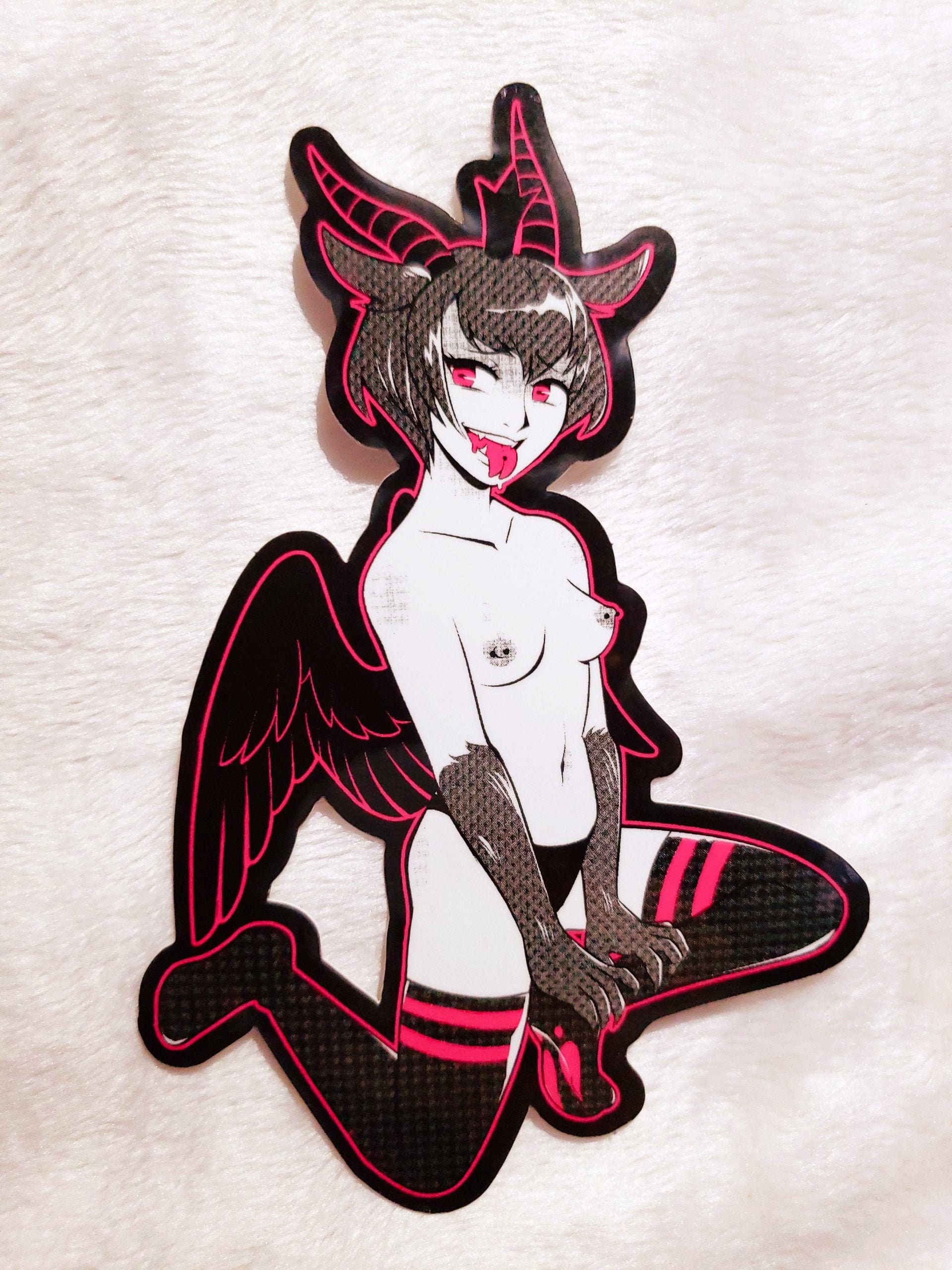 Ahegao Demon -- "Baphomet Pin-Up" Glossy Vinyl Sticker Decal.