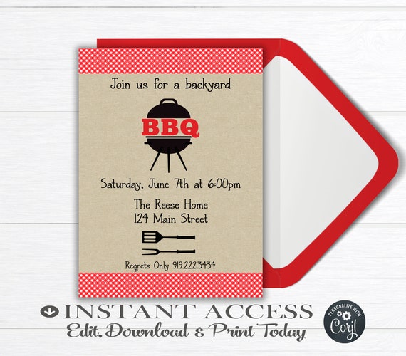 Bbq Invitations Backyard Bbq Invitation Barbecue Invite Bbq Etsy