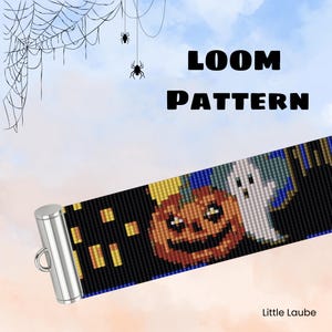 Halloween Loom Perlenmuster mit Kürbis und Geist | Armband PDF Muster mit Wordchart und Perlenlegende | Buntes Loom Armband Pattern