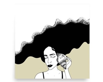 Curly hair art print, Whimsical wall art for women, Black and white illustrations