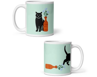 Lustige Katzenkaffeetasse, Katzen und Blumen, Katze klopft Dinge um, Katzengeschenke, Grüne Keramik 11 Unze / 15 Unze Becher