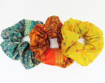 scrunchies, sari silk scrunchies, scrunchies 3 pack, 3 hair scrunchies, scrunchies gift set, scrunchies multipack, set of scrunchies