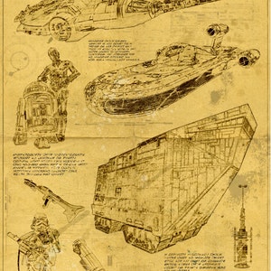 May include: A vintage style blueprint illustration of various spaceships, vehicles, and characters from the Star Wars franchise. The image includes the Millennium Falcon, a TIE fighter, a landspeeder, R2-D2, C-3PO, a Stormtrooper, and a lightsaber.