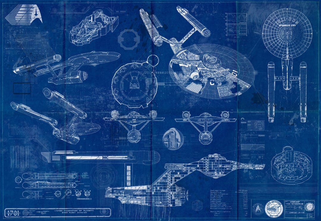 Star Trek Blueprints　スタートレック　宇宙船　設計　青写真 Star Trek Enterprise USS 1701 Blueprint Art Print ( Original