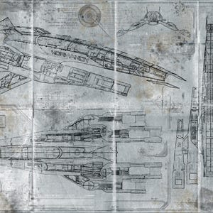May include: A blueprint-style illustration of a spaceship, with multiple views and detailed schematics. The design includes the word "Normandy" on the side of the ship. The artwork is rendered in black lines on a textured, aged paper background.