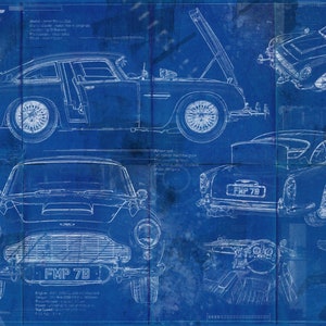 James Bond Aston Martin DB5 - Aged Blueprint Art Print.