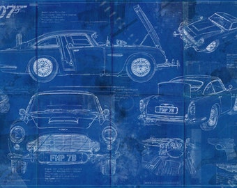 James Bond Aston Martin DB5 - Aged Blueprint Art Print.