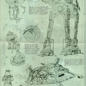 May include: A black and white technical drawing of a Star Wars AT-AT walker, a TIE fighter, a speeder bike, and a Death Star. The drawing is on a green background with text in a foreign language.