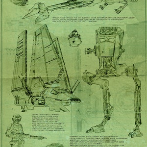 May include: A technical drawing of a spaceship, a walker, and a soldier. The drawing is on a green background with text that includes the words "ORANC Endor" and "DWG SA-03".