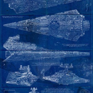 Puede incluir: Una ilustración de estilo plano del Destructor Estelar, una nave espacial ficticia de la franquicia Star Wars. La imagen muestra múltiples vistas de la nave, incluyendo una vista superior, una vista lateral y un primer plano del motor.