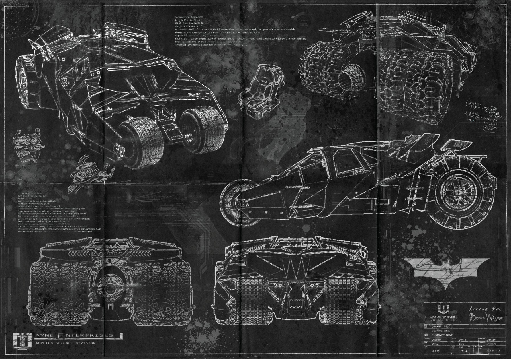 Batman Tumbler Batmobile Blueprint Art Print A2 420mm594 Etsy