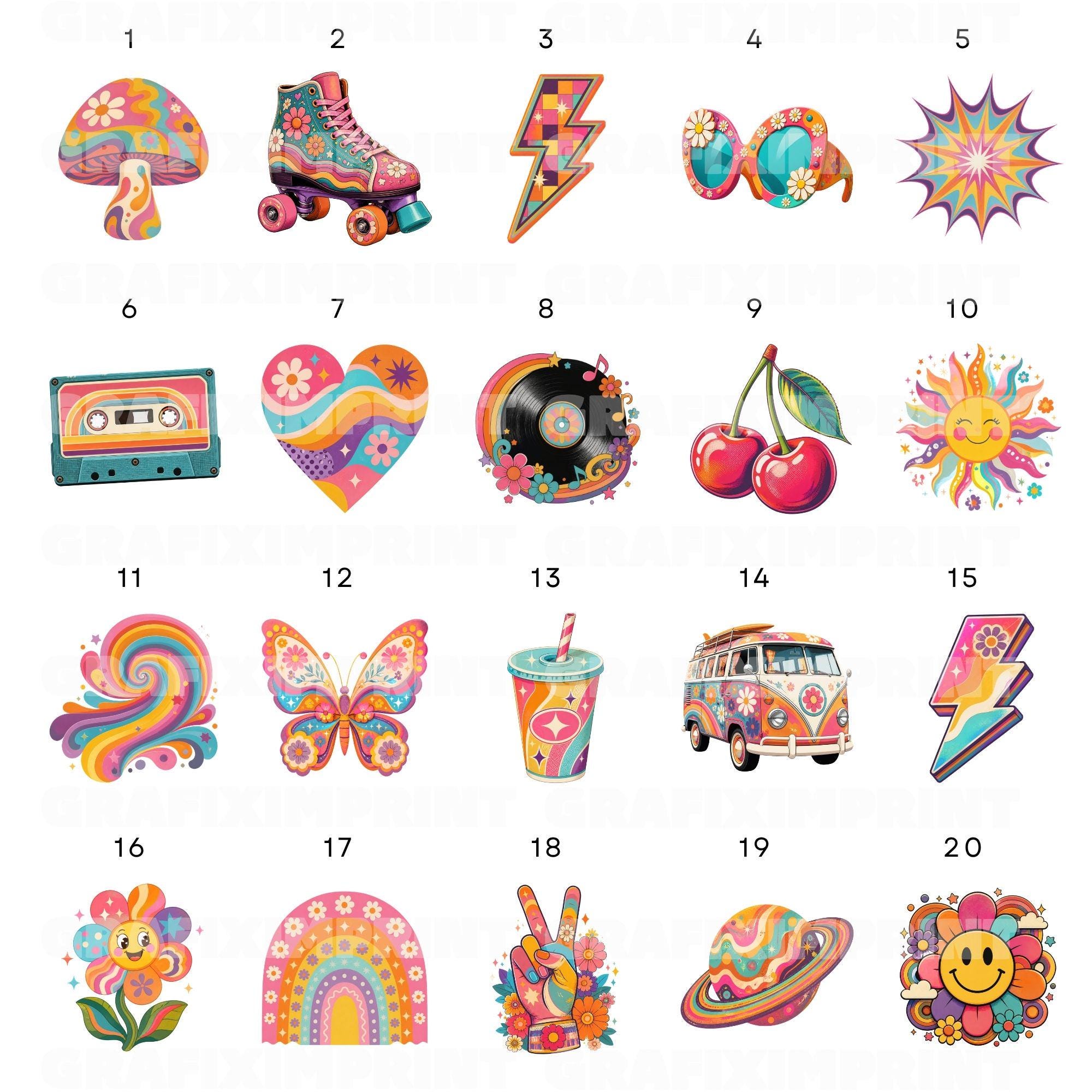 Retro 70s Clipart Bundle PNG Groovy Flower Watercolour Graphics ...