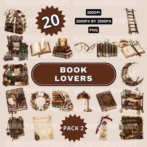 May include: A digital collection of 20 book-themed illustrations including stacks of books, a ladder, an armchair, glasses, a crescent moon, a lamp, a library cart, a wreath, a bookmark, and a checkout card with the text BOOK LOVERS PACK 2.