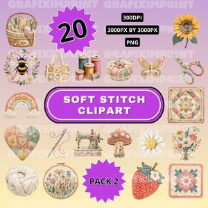 May include: A digital collection of 20 soft stitch clipart elements including a sewing basket, bee, crochet bag, thread spools, pincushion, butterfly, scissors, rainbow, quilt blocks, heart, needle, sewing machine, mushroom, flowers, yarn, and strawberry.