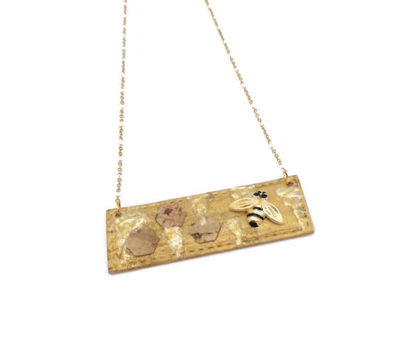 with enameled honey and bees Cork beehive bar necklace cork gold long bar necklace gold bar bee necklace rectangular beehive necklace