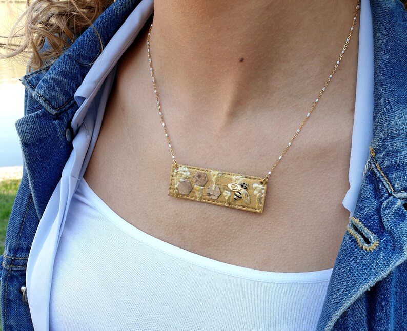 with enameled honey and bees Cork beehive bar necklace cork gold long bar necklace gold bar bee necklace rectangular beehive necklace