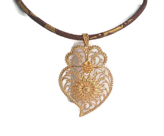 Portuguese Filigree Cork Necklace with Silver Earring and Pendant Viana/'s heart