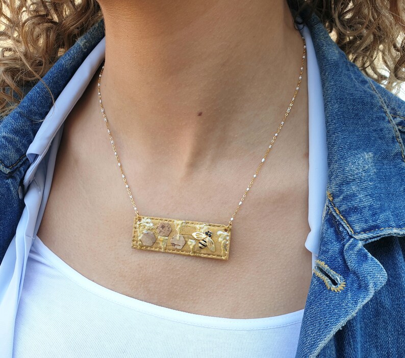 with enameled honey and bees Cork beehive bar necklace cork gold long bar necklace gold bar bee necklace rectangular beehive necklace
