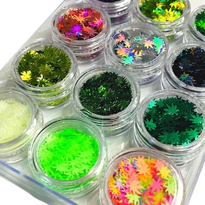 12 Pack Set of Pot Leaf Glitter || Glow in the Dark, Metallic, Holographic and Neon for Nail Art, Resin Rolling Trays & Ashtrays, Tumblers