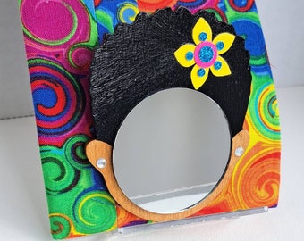 2" Black Afro Mirror Girl // Yellow Flower w/Glitter Blue and Pink // Rhinestone Earrings // Handmade Pouch Included // Gifts for Her