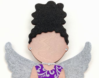 Angel Girl with Wavy Hair //  Purple with Silver Glitter // OOAK // Handpainted 10" Wood Doll Wall Art // Afrocentric Art //Gifts for her