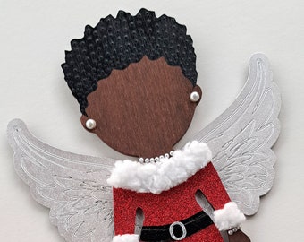 Angel Girl with Afro in Red Glitter and White Fluff // OOAK // Handpainted 10" Wood Doll Wall Art // Afrocentric Art //Gifts for her