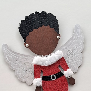 Angel Girl with Afro in Red Glitter and White Fluff // OOAK // Handpainted 10 Wood Doll Wall Art // Afrocentric Art //Gifts for her image 1