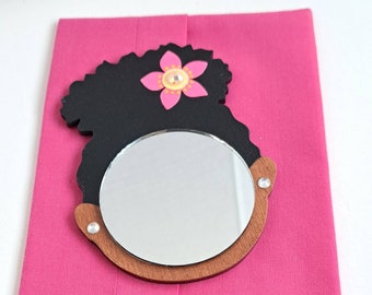 2" Black Afro Puff Mirror Girl // Yellow Pink  Rhinestone Green Glitter Flower // Rhinestone Earrings // Handmade Pouch Included