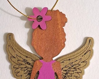 Little Angel Ornament with Metallic Gold Wings // Pink Dress // Pink Flower // LIMITED EDITION // OOAK Hand-painted Wood