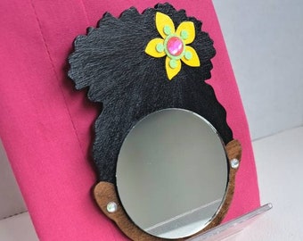 2" Black Afro Puff Mirror Girl // Yellow Pink  Rhinestone Green Glitter Flower // Rhinestone Earrings // Handmade Pouch Included