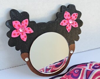 2" Black Afro Puffs Mirror Girl // Pink Flowers w/Glitter Dots and Rhinestones // Rhinestone Earrings// Handmade Pouch Included