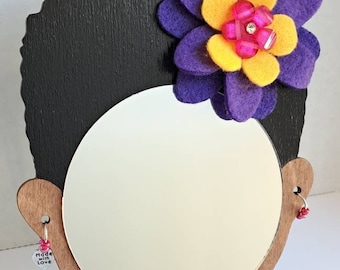 4" Tiny Afro Wall Decor Mirror Girl // Purple and Yellow Felt and Fleece Flower // Acrylic Beaded Hoop Earrings // Afrocentric Art