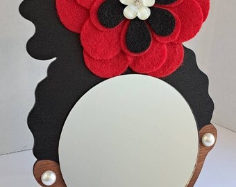 4" Curly Afro Puff Wall Decor Mirror Girl // Red Fleece Flower // Faux Pearl Earrings // Afrocentric Art