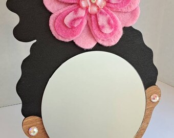 4" Curly Afro Puff Wall Decor Mirror Girl // Pink Felt and Acrylic Flower // Acrylic Bead Earrings // Afrocentric Art