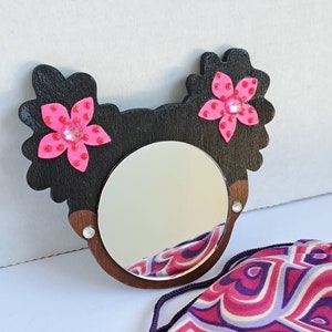 2 Black Afro Puffs Mirror Girl // Pink Flowers w/Glitter Dots and Rhinestones // Rhinestone Earrings// Handmade Pouch Included image 1
