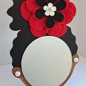 4 Curly Afro Puff Wall Decor Mirror Girl // Red Fleece Flower // Faux Pearl Earrings // Afrocentric Art image 1