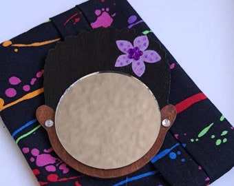 2" Black Afro Mirror Girl // Purple Flower w/Purple Glitter Dots // Rhinestone Earrings // Handmade Pouch Included // Gifts for Her