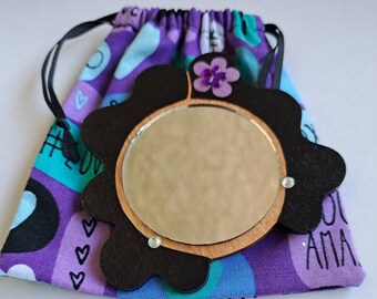 2" Mirror Girl // Black Wavy Hair // Purple on Purple Flower // Rhinestone Earrings // Handmade Pouch Included // Gifts for Her