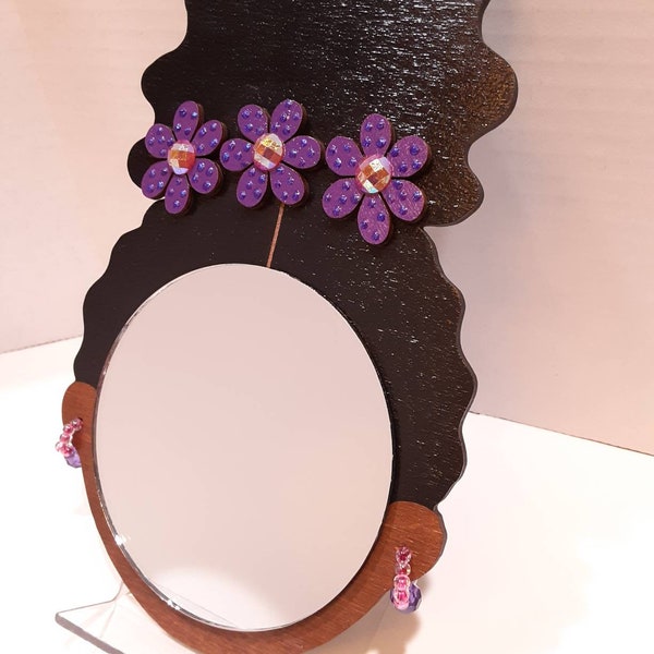 4" Curly Afro Puff Wall Decor Mirror Girl // Purple & Pink Wood Flower Trio // Beaded Hoop Earrings // Afrocentric Art