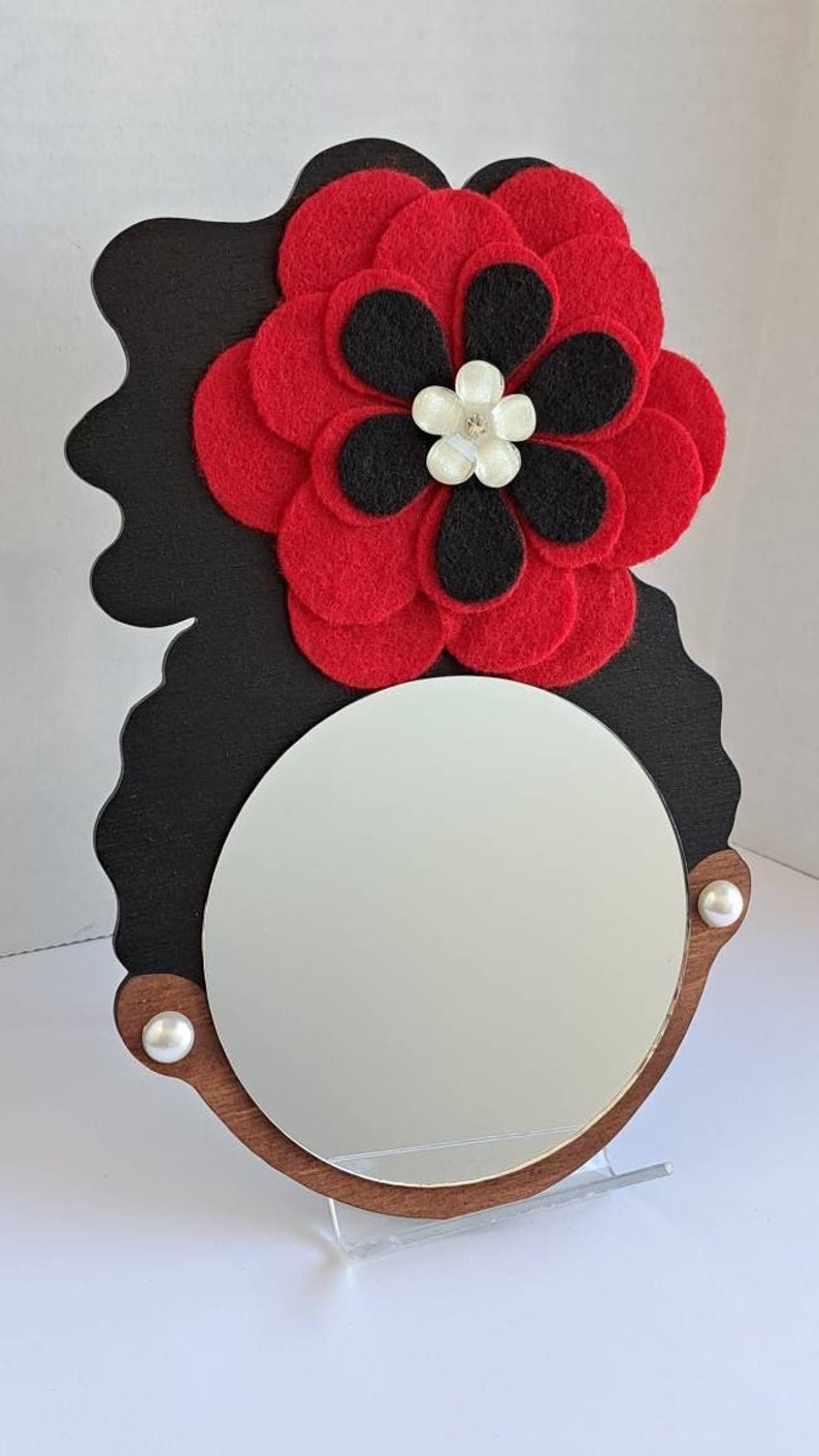 4 Curly Afro Puff Wall Decor Mirror Girl // Red Fleece Flower // Faux Pearl Earrings // Afrocentric Art image 1