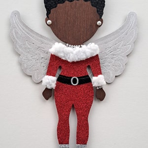 Angel Girl with Afro in Red Glitter and White Fluff // OOAK // Handpainted 10 Wood Doll Wall Art // Afrocentric Art //Gifts for her image 2