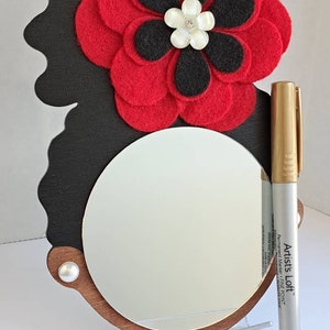 4 Curly Afro Puff Wall Decor Mirror Girl // Red Fleece Flower // Faux Pearl Earrings // Afrocentric Art image 3