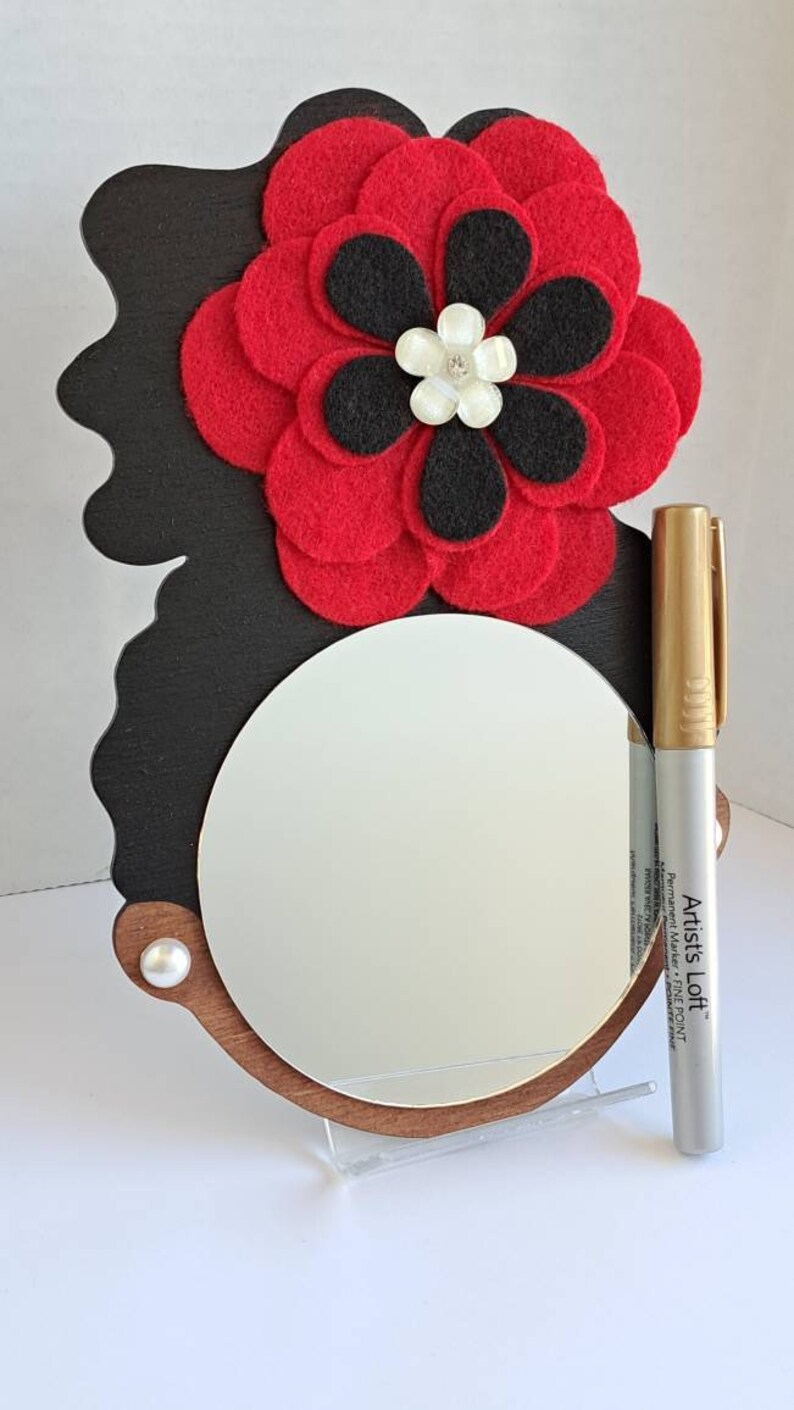4 Curly Afro Puff Wall Decor Mirror Girl // Red Fleece Flower // Faux Pearl Earrings // Afrocentric Art image 3