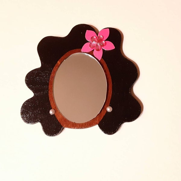 2" Mirror Girl // Black Wavy Hair // Bright Pink on Pink Flower // Faux Pearl Earrings // Handmade Pouch Included // Gifts for Her