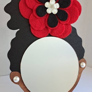 4 Curly Afro Puff Wall Decor Mirror Girl // Red Fleece Flower // Faux Pearl Earrings // Afrocentric Art image 6