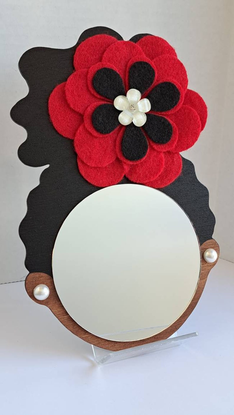 4 Curly Afro Puff Wall Decor Mirror Girl // Red Fleece Flower // Faux Pearl Earrings // Afrocentric Art image 6